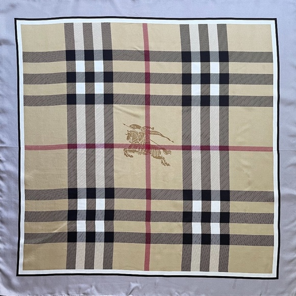 Display #1 Burberry Scarf Classic Beige Check Gray Border Silk Wrap - Picture 2 of 16